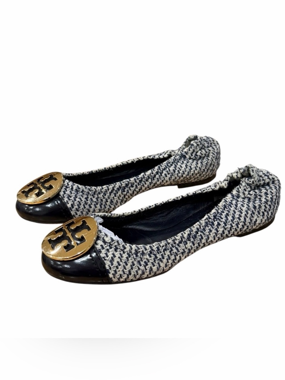 Tory Burch Tweed Logo Cap-Toe Flats with Gold Medallion